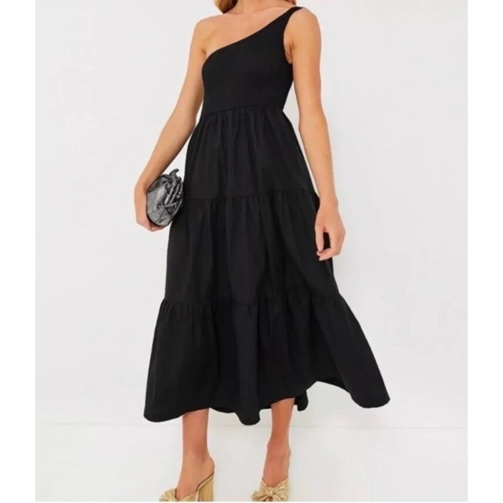 O.P.T One Shoulder Dress Smocked Tiered Midi Casual Party Black M‎